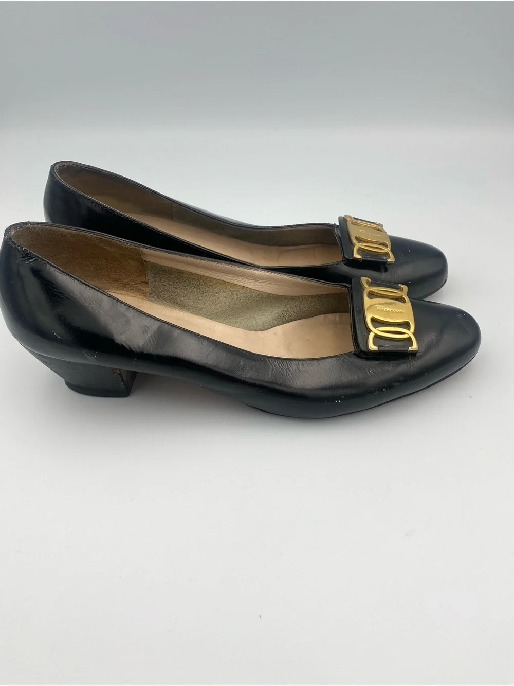 Salvatore Ferragamo Black Leather Low Heel Loafers with Gold Hardware